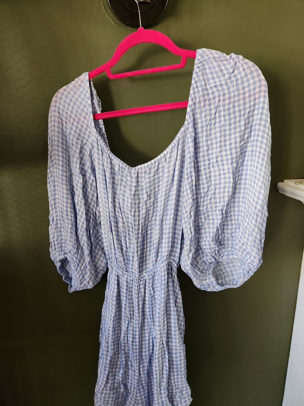Free People Blue Gingham Romper with Back ties Elbow Length Sleeves